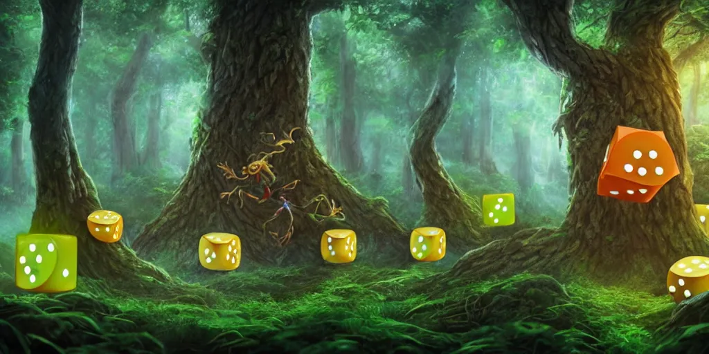 Prompt: anthropomorphic tree spirits rolling cube dice in the forest, glowing energy, fantasy magic, by willian murai and jason chan and marco bucci, hyper detailed and realistic, illustration, sharp focus, cinematic, rule of thirds, forestpunk