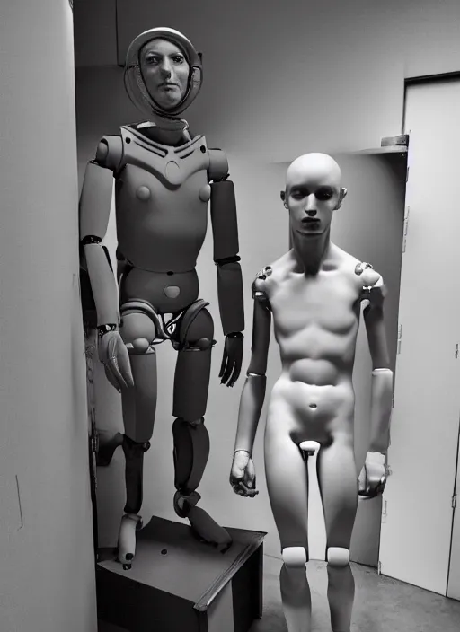 Image similar to a humanoid robot with an adult male human looking face is the statue david by michelangelo, polaroid, flash photography, photo taken in a dark storage room where you can see empty shelves in the background,