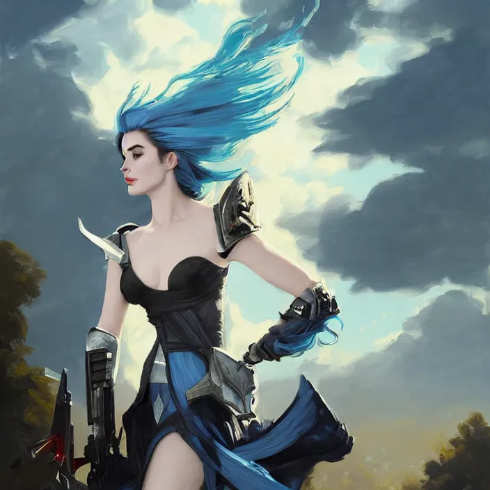 Image similar to portrait of a combination of Ashley Greene, Adriana Dxim, Grace Kelly and Lily Collins with blue hair wearing Warframe armor, countryside, calm, fantasy character portrait, dynamic pose, above view, sunny day, thunder clouds in the sky, artwork by Jeremy Lipkin and Giuseppe Dangelico Pino and Michael Garmash and Rob Rey and Greg Manchess and Huang Guangjian and Makoto Shinkai, very coherent asymmetrical artwork, sharp edges, perfect face, simple form, 100mm