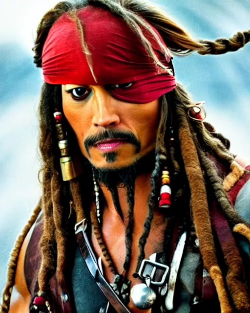 Image similar to Film still close-up shot of Dwayne Johnson as Captain Jack Sparrow from the movie Pirates of the Caribbean. Dwayne The Rock Johnson Photographic, photography