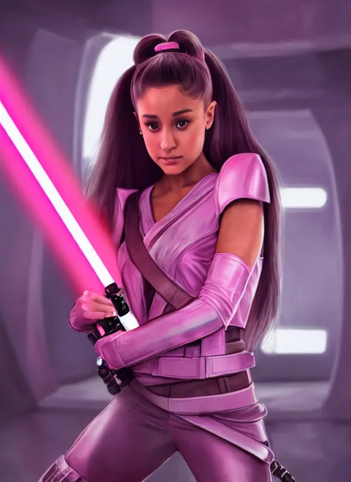 Prompt: An extremely detailed photo of Ariana Grande in the Star Wars universe holding the handles of two pink lightsabers held in each hand. Maximum detail on artstation, photo realism, vivd details, vivd colour, volumetric lighting