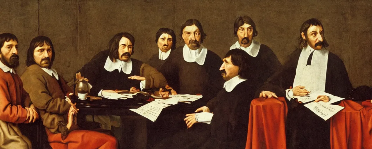 Prompt: rene descartes discussing philosophy with spaghetti, 1 5 0 0 s, kodachrome, in the style of wes anderson, retro