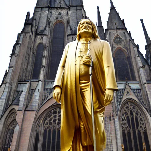 Image similar to a golden statue of bach standing infront of a german cathedral.