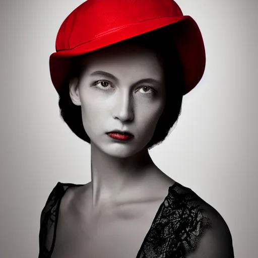 Image similar to half - length portrait of girl in a red hat and black dress, fine art portrait photography by paolo roversi, volumetric lighting, very detailed, high resolution,