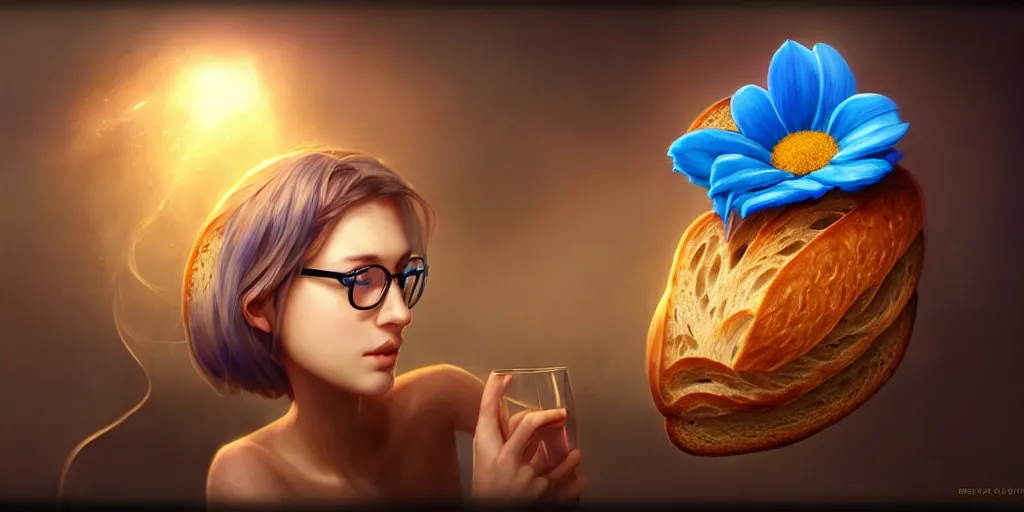 Image similar to epic professional digital art of a bread toast!!! wearing 👓!!!! and a blue flower!!!!, best on artstation, cgsociety, wlop, cosmic, epic, stunning, much detail, much wow, masterpiece, backlight