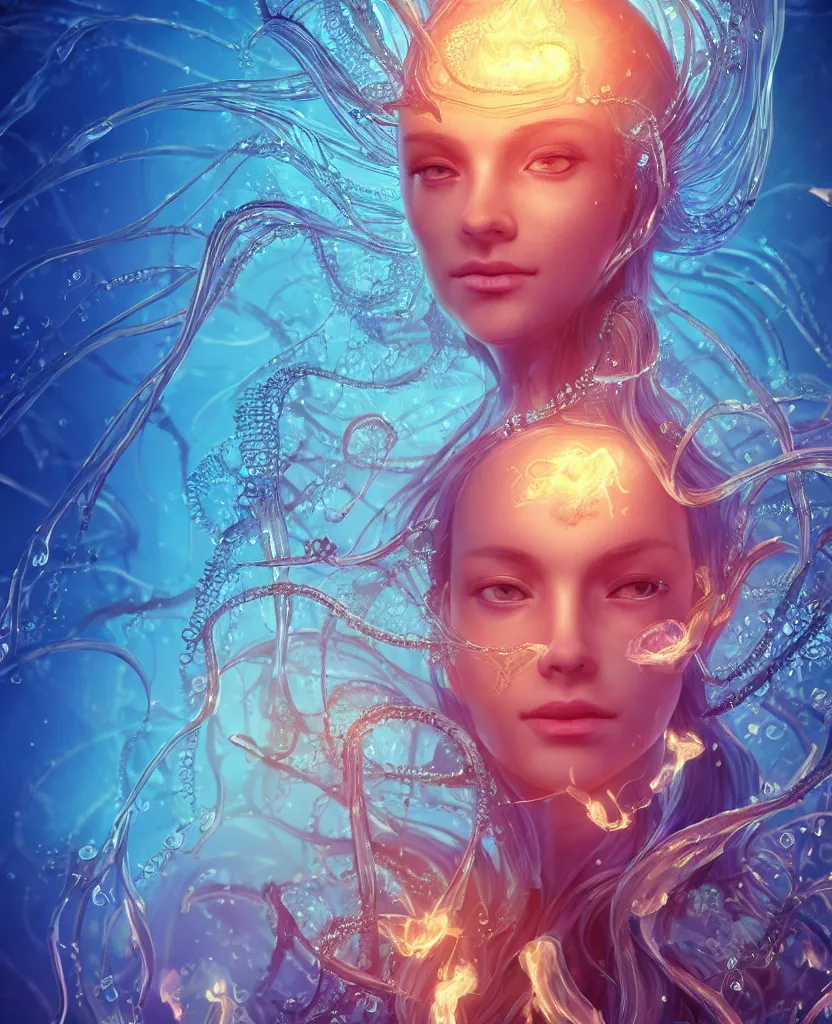 Image similar to close-up macro portrait of the face of a beautiful princess, epic angle and pose, symmetrical artwork, 3d with depth of field, blurred background, cybernetic jellyfish female face skull phoenix bird, translucent, nautilus, energy flows of water and fire. a highly detailed epic cinematic concept art CG render. made in Maya, Blender and Photoshop, octane render, excellent composition, cinematic dystopian brutalist atmosphere, dynamic dramatic cinematic lighting, aesthetic, very inspirational, arthouse. y Greg Rutkowski, Ilya Kuvshinov, WLOP, Stanley Artgerm Lau, Ruan Jia and Fenghua Zhong