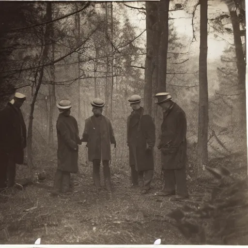 Image similar to a photo of in the dark in the forrest. 4 tall men with long pointed hats stand surrounding a small fire in a circular hole. a frightened boy is watching from the shadows.