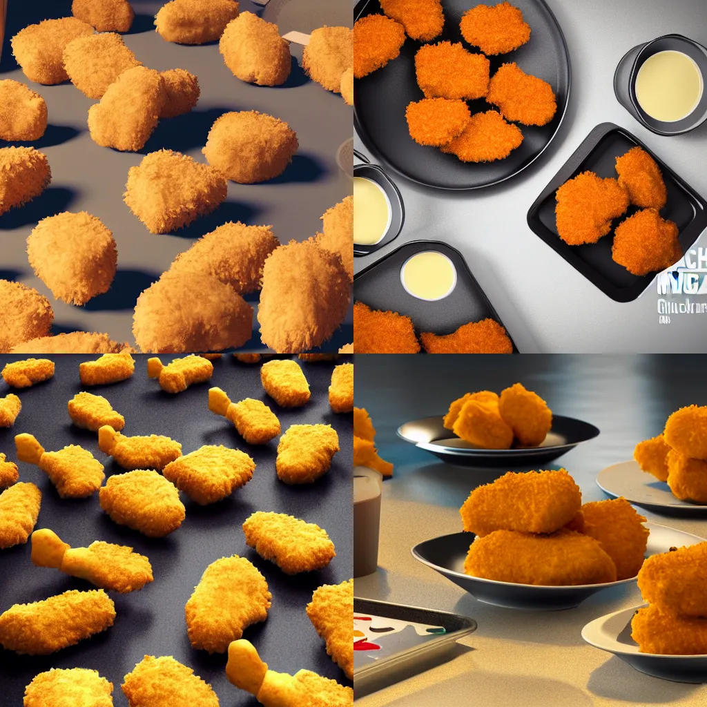 Prompt: chicken nuggets taking over the world, using nukes and sticks, octane render