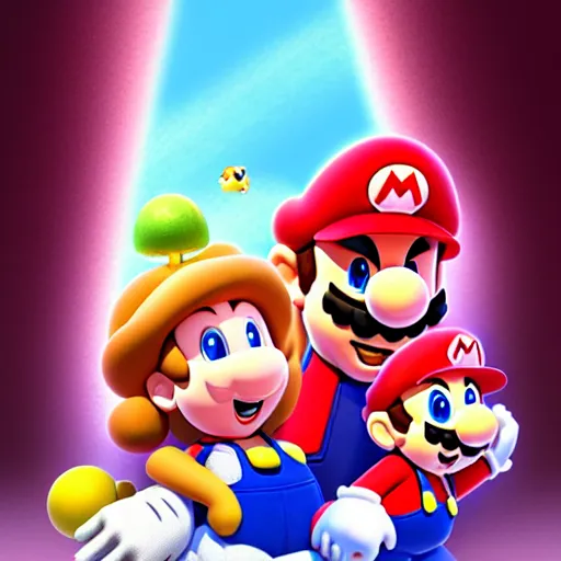 Image similar to Super Mario and Princess Peach and their cute newborn toady mushroom baby, family photo, digital painting, artstation, cgsociety, award-winning, masterpiece, stunning, beautiful, glorious