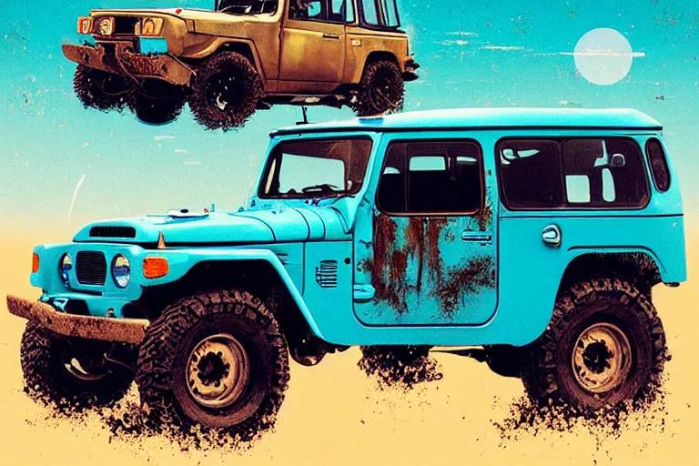 Image similar to digital illustration of a faded cyan mad max's fj 4 0 decrepit!!!! pursuit special, rusty!!! nissan fj cruiser heavily modded 1 9 9 0 s, the last v 8 interceptor by makoto shinkai, ilya kuvshinov, lois van baarle, rossdraws, basquiat