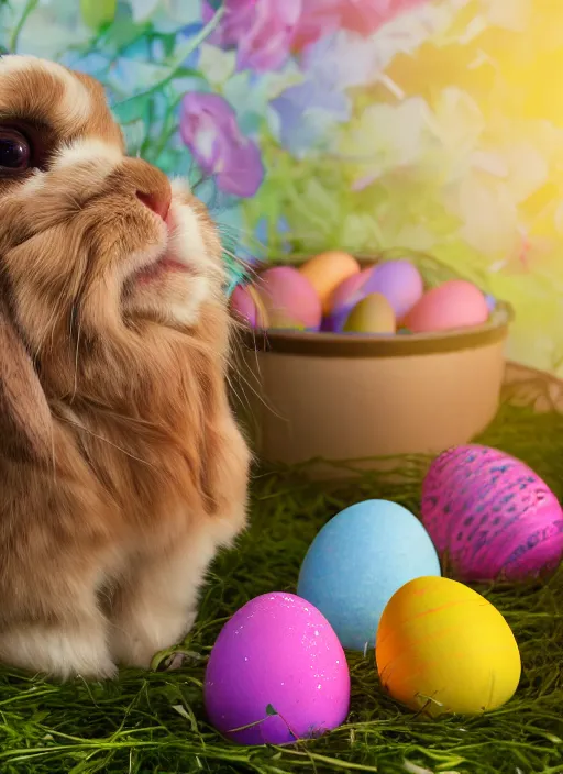 Prompt: a 3 5 mm photo of a holland lop sitting in an easter basket full of colorful easter eggs, bokeh, canon 5 0 mm, cinematic lighting, film, photography, golden hour, depth of field, award - winning, art by greg rutkowski, maxfield parrish and alphonse mucha