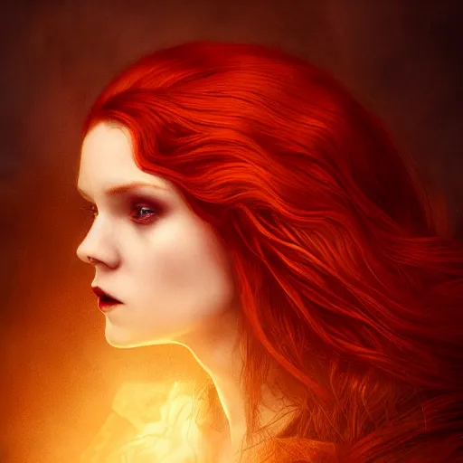 Image similar to majestic gracious regal aristocratic female red haired vampire portrait, atmospheric lighting, painted, curvy, menacing, intricate, volumetric lighting, beautiful, rich deep colours masterpiece, golden hour, sharp focus, ultra detailed, by leesha hannigan, ross tran, thierry doizon, kai carpenter, ignacio fernandez rios