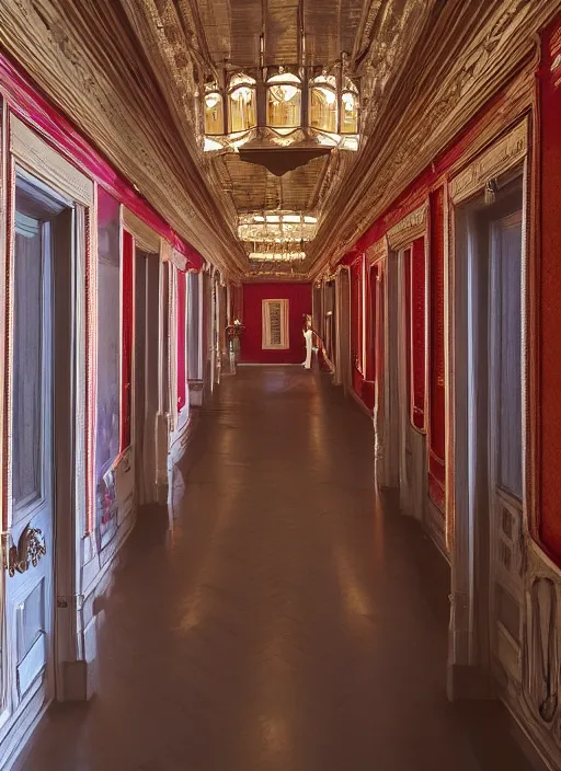 Image similar to a photograph of a symmetrical hallway in the grand budapest hotel, 3 5 mm, film camera, dezeen, architecture