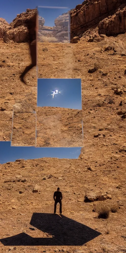 Image similar to levitating silhouette with full - face golden glowing mask in a dry rocky desert landscape, visible sky and sunny atmosphere, fata morgana and giant square mirrors by alejandro jodorowsky, anamorphic lens, kodakchrome, practical effects, masterpiece, 8 k