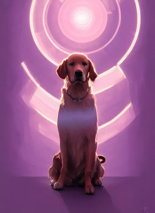 Image similar to Portrait of Kate Bishop and Lucky the Golden Retriever Dog, Marvel, Hawkeye, fantasy, symmetrical face, blush, intricate, cute, elegant, light purple mist, highly detailed, digital painting, artstation, concept art, matte, sharp focus, illustration, art by Artgerm and Greg Rutkowski and Alphonse Mucha