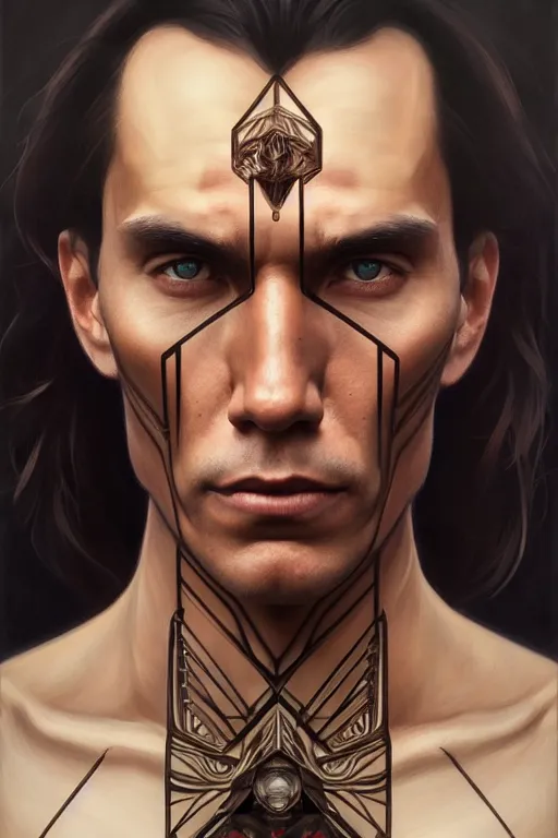 Image similar to symmetry!! portrait of zahn mcclarnon, machine parts embedded into face, intricate, elegant, highly detailed, digital painting, artstation, concept art, smooth, sharp focus, illustration, art by artgerm and greg rutkowski and alphonse mucha, 8 k