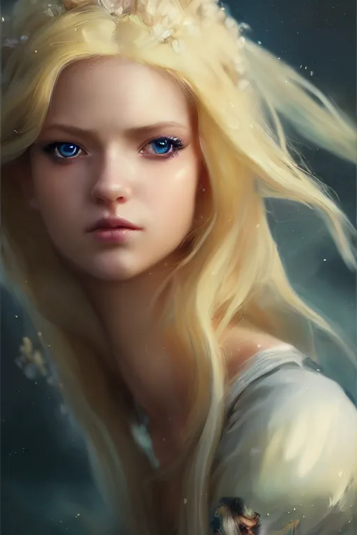 Image similar to cinematic shot of an epic portrait of a cute blonde fairy dressed in military clothes, stylised military clothes, shiny skin, beautiful eyes, beautiful, small details, night setting, realistic poster with volumetric light from craig mallism, artgerm, jeremy lipkin and michael garmash, unreal engine, radiant light, digital art, trends at art station, a masterpiece