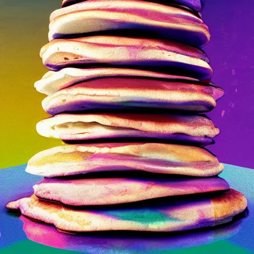 Image similar to a psychedelic stack of pancakes on a pedestal at an art museum, realistic photo, vaporwave style