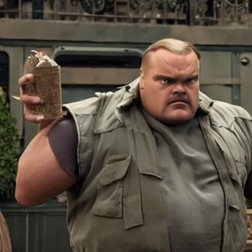 Image similar to movie still of jack black starring as guile in the 2 0 2 6 live action street fighter movie