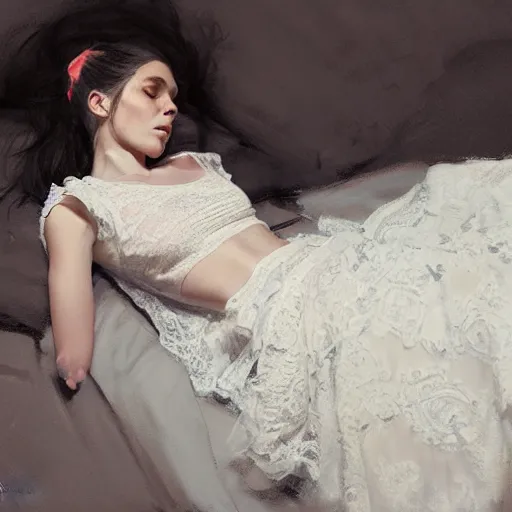 Prompt: girl with pigtails hairstyle, dragon tattoo sleeve, lace dress, reclining pose, jeremy lipking, joseph todorovitch