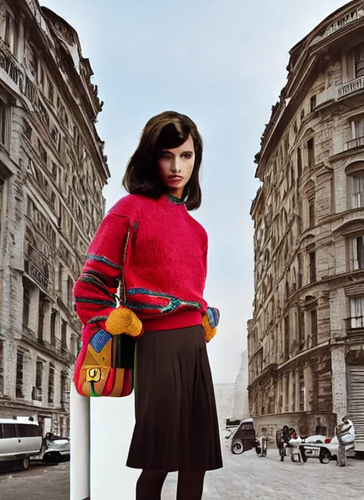 Image similar to a beautiful girl in a gucci sweater is creating a new city photographed by maurizio cattelan and pierpaolo ferrari with the art direction of micol talso for toiletpaper magazine