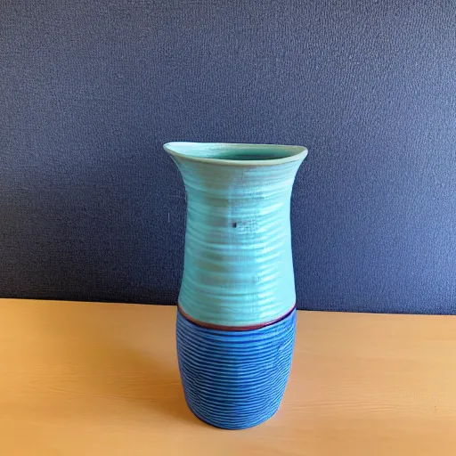 Prompt: ceramic tall vase with round handles and blue strips