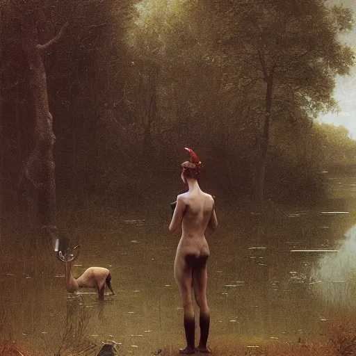 Prompt: a young deer sniffing an old yard nome standing by a pond. illustration, art by greg rutkowski and bouguereau and Zdzislaw Beksinski