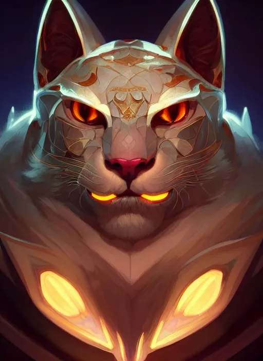 Image similar to symmetry!! portrait of rengar, league of legends, glowing lights!! intricate, elegant, highly detailed, digital painting, artstation, concept art, smooth, sharp focus, illustration, art by artgerm and greg rutkowski and alphonse mucha