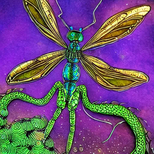 Image similar to brown woman wearing a shiny dragonfly armor. dragon fly wings for hair. green, blue, and purple sheen. intricate. super detailed. layered. textured. award winning. dispersion of light. refracted lighting. soft. fragile.