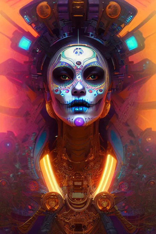 Image similar to ultra detailed Female Android deity, scifi, octane render, (dia de los muertos), asymmetrical, intricate concept art, triadic color scheme, art by artgerm and DZO and greg rutkowski and alphonse mucha and loish and WLOP