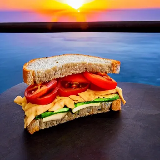 Prompt: sandwich breath that inside has tofu, tomato, onion, avocado and cheddar, over a dish and over a table, sunset background with saturn in the sky, studio photo, amazing light