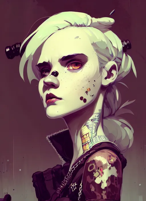 Prompt: highly detailed closeup portrait of a sewer punk rogue lady, tartan vestments, blonde hair by atey ghailan, by greg rutkowski, by greg tocchini, by james gilleard, by joe fenton, by kaethe butcher, gradient, blue, black, brown and cream color scheme, grunge aesthetic!!! white graffiti tag wall background