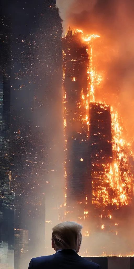 Image similar to a beautiful photo of donald trump being unfazed by the fact that the trump tower is burning, intricate details, photography, volumetric light, 8 k