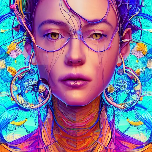 Image similar to the portrait of a ridiculously beautiful and pretty woman partially made of onion rings of all colors looking up, an ultrafine detailed illustration by james jean, final fantasy, intricate linework, bright colors, behance contest winner, vanitas, angular, altermodern, unreal engine 5 highly rendered, global illumination, radiant light, detailed and intricate environment