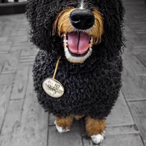 Image similar to a closeup photorealistic photograph of a cute smiling knitted bernedoodle judge dog dressed in a black gown, presiding over the courthouse. indoors, professional capture, well lit shot. this 4 k hd image is trending on artstation, featured on behance, well - rendered, extra crisp, features intricate detail, epic composition and the style of unreal engine.