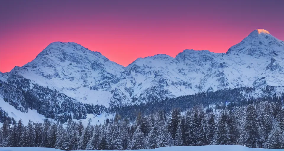 Image similar to professional photo of a snow topped mountain lit by the sunset