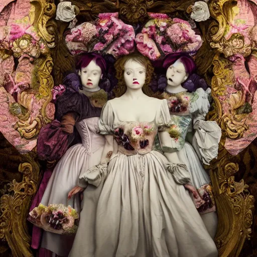 Image similar to 8k, octane render, realism, tonalism, renaissance, rococo, baroque, group of creepy young ladies wearing long harajuku manga dress with flowers and skulls, background chaotic flowers