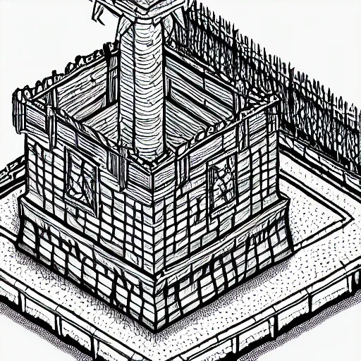 Image similar to isometric view of wizard tower, lineart