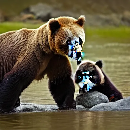 Prompt: Wildlife photography of a brown bear hugging a panda