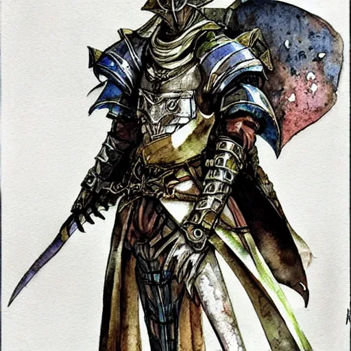 Prompt: watercolor, final fantasy tactics character design, dark souls, wearing plate armor, wearing helmet, faceless, character portrait, evil, shrouded, artwork by harry clarke