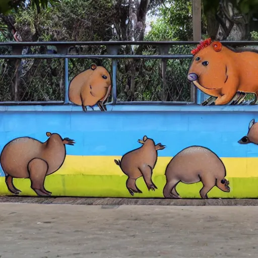 Image similar to digital street art a bunch of capybaras in the community pool