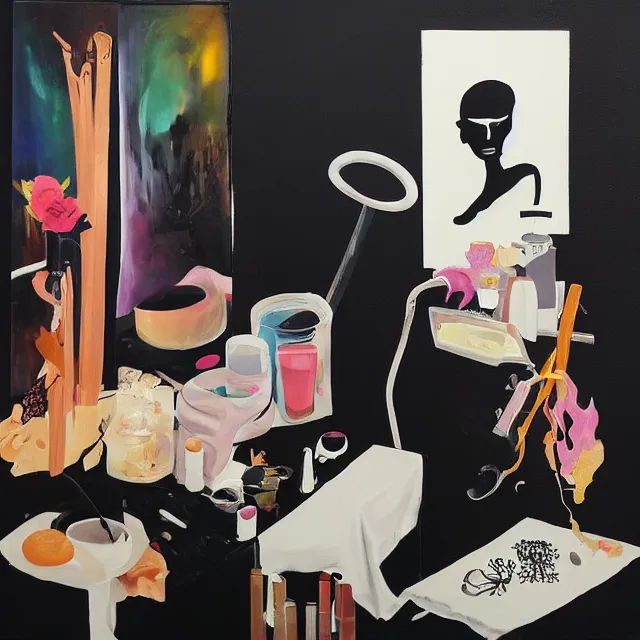 Image similar to sensual, a portrait in a female art student's bedroom, black walls, a woman drinking iced latte, pancakes, maple syrup dripping, chocolate, surgical supplies, ikebana, octopus, neo - expressionism, surrealism, acrylic and spray paint and oilstick on canvas