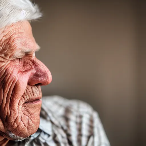 Image similar to Profile portrait of an elderly man with sausage growing from his ear, Canon EOS R3, f/1.4, ISO 200, 1/160s, 8K, RAW, unedited, symmetrical balance, in-frame