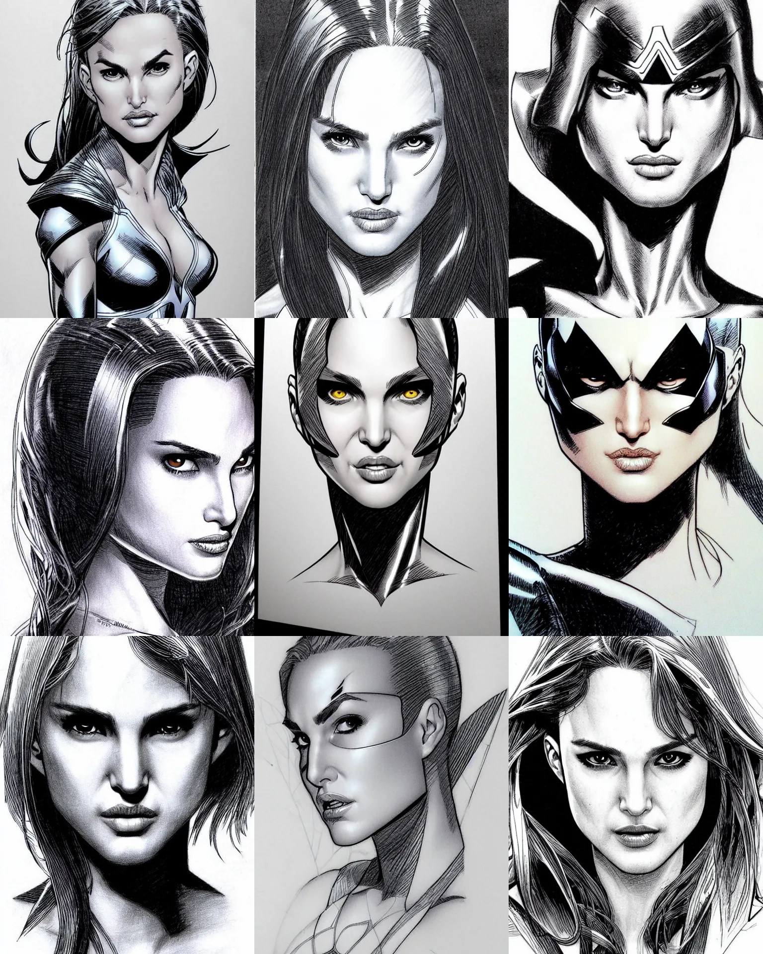 Prompt: jim lee!!! pencil sketch by jim lee close up headshot of natalie portman as superhero in the style of jim lee, x - men superhero comic book character by jim lee