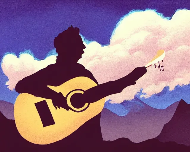 Prompt: A slightly silhouetted figure of a man with a guitar, clouds that look like mountains high in the sky, the clouds are a deep blue purple color with the sun blazing behind the clouds, deep focus, D&D, fantasy, intricate, elegant, highly detailed, digital painting, artstation, concept art, matte, sharp focus, illustration, hearthstone, art by Andreas Rocha and Esao Andrews