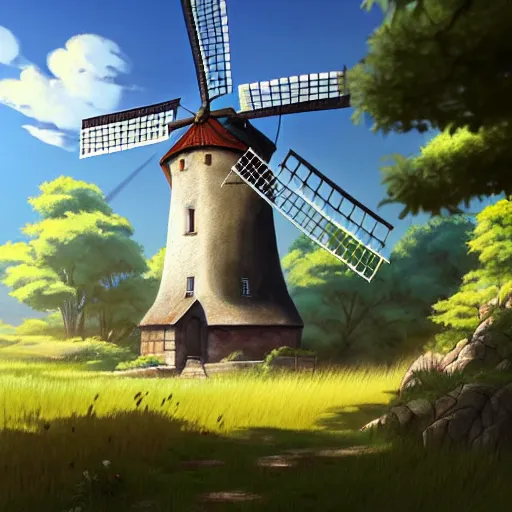 Prompt: concept art painting of a historic windmill with european and japanese architecture, in a small medieval village surrounded by trees, in a mountain valley, realistic, detailed, cel shaded, in the style of makoto shinkai and greg rutkowski and james gurney