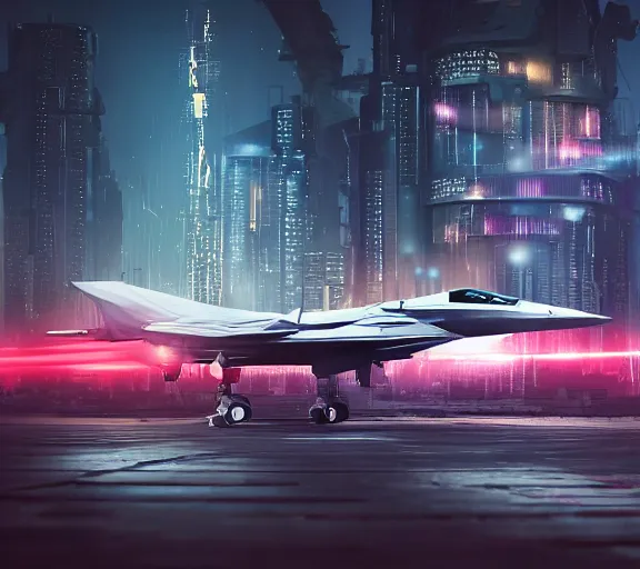 Prompt: futuristic sci fi fighter jet lands at runway of cyberpunk city, night photo ,dark cinematic lighting , digital concept art