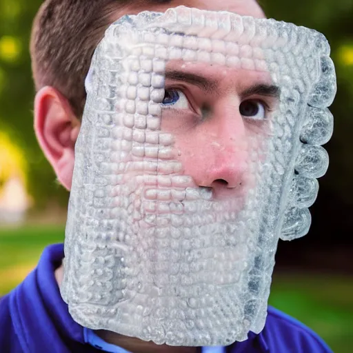 Image similar to portrait of a man who's face is made of bubble wrap plastic, he looks terrified