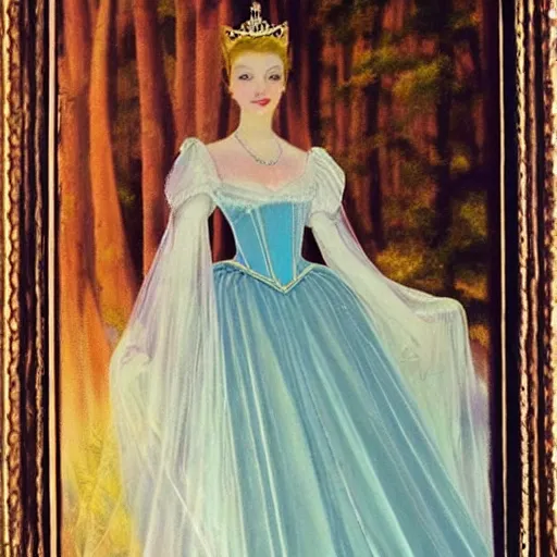 Image similar to A painting, beauty & mystery of Princess Aurora. Enigmatic smile and gaze invite us into her world, and we cannot help but be drawn in. Soft features & delicate way she is dressed make her almost ethereal. Landscape distance and mystery. What secrets Princess Aurora holds. Hadean by Gordon Parks, by Ed Emshwiller