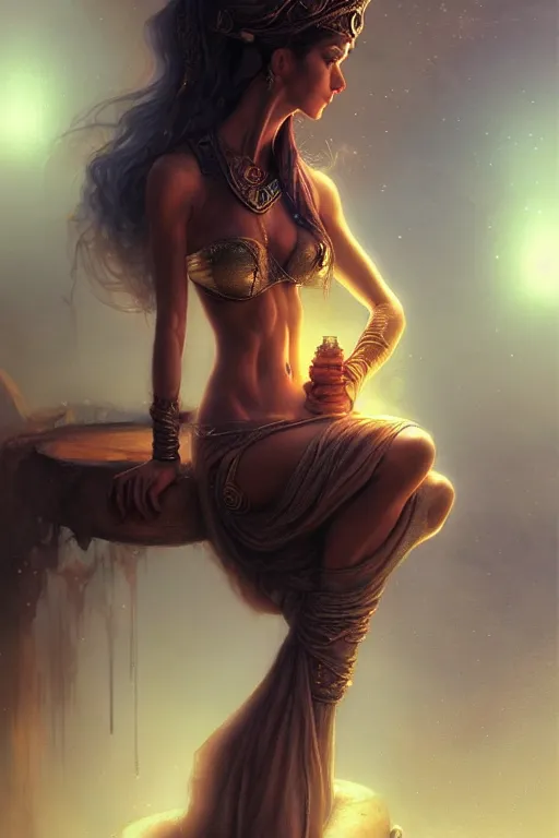 Image similar to genie from aladdin's lamp, by wlop, by luis royo, by peter mohrbacher, concept art, digital illustration, intricate, masterpiece, elegant, super detailed, unreal engine rendering, smooth, sharp focus, artstation hq